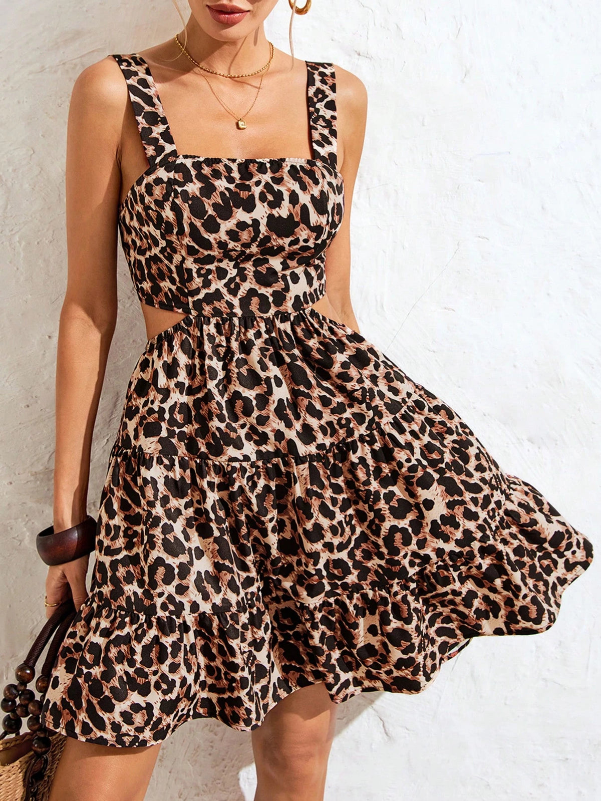 Vivid Eden Vacation Woven Leopard Print Backless Tie Dress For Women