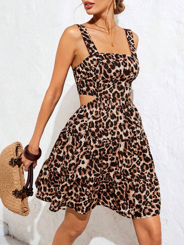 Vivid Eden Vacation Woven Leopard Print Backless Tie Dress For Women