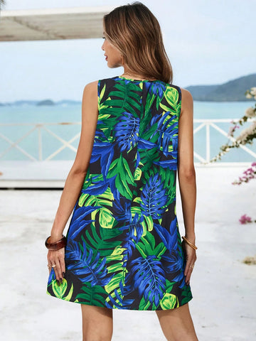 Vivid Eden Women's Round Neck Sleeveless Casual Tropical Print Loose Dress