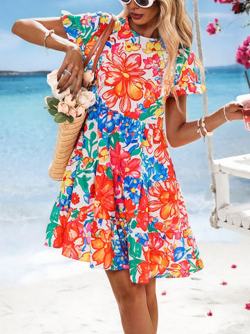 Vivid Eden Woven Print Round Neck Short Sleeve Loose Ruffled Hem Women's Mini Dress