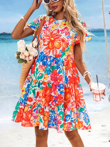 Vivid Eden Woven Print Round Neck Short Sleeve Loose Ruffled Hem Women's Mini Dress