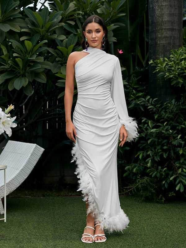 Vulcan One Shoulder Feather Kaftan Dress