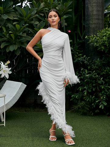 Vulcan One Shoulder Feather Kaftan Dress