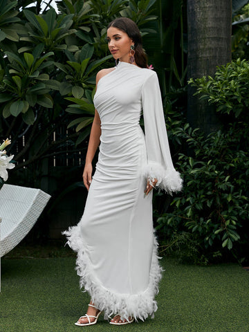 Vulcan One Shoulder Feather Kaftan Dress