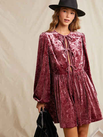 WESTFADE Coquette Bow Front Long Sleeve Velvet Short Dress