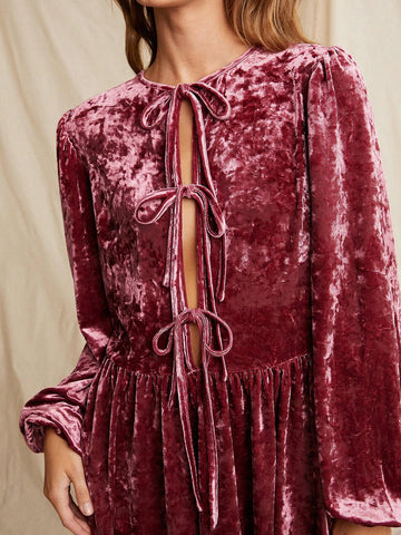WESTFADE Coquette Bow Front Long Sleeve Velvet Short Dress