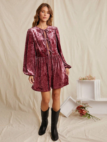 WESTFADE Coquette Bow Front Long Sleeve Velvet Short Dress