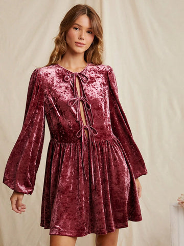 WESTFADE Leopard Corduroy Tie Front Short Dress