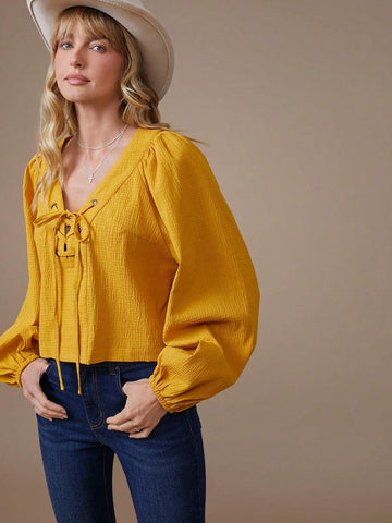 Coquette Lace-Up 99% Cotton Long Sleeve Top