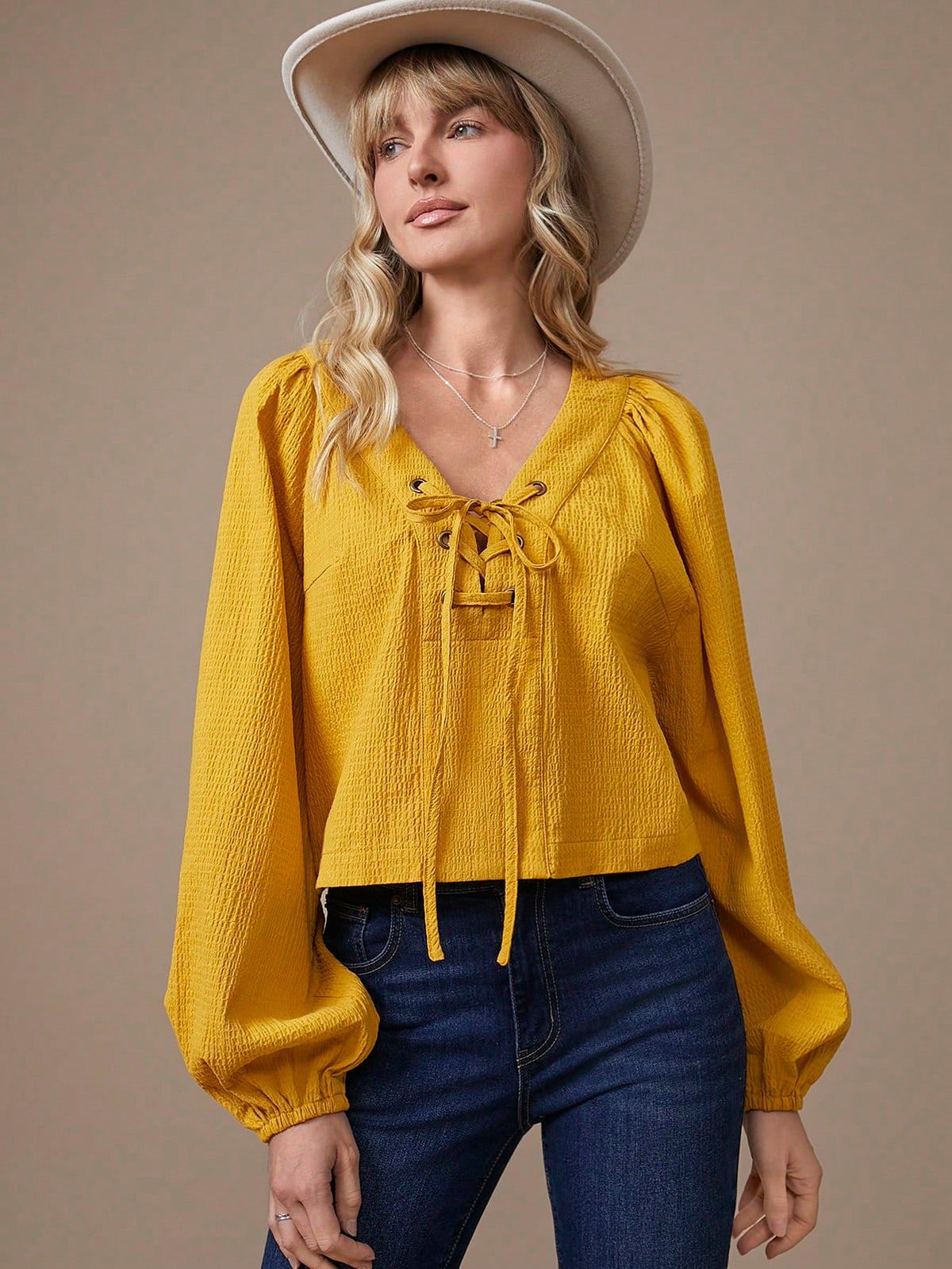 Coquette Lace-Up 99% Cotton Long Sleeve Top