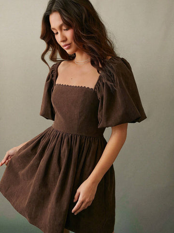 WESTFADE Corduroy Puff Sleeve Babydoll Mini Dress