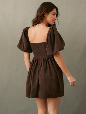 WESTFADE Corduroy Puff Sleeve Babydoll Mini Dress