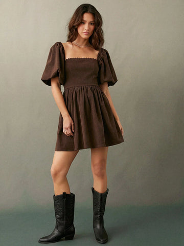 WESTFADE Corduroy Puff Sleeve Babydoll Mini Dress