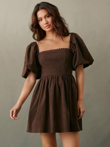 WESTFADE Corduroy Puff Sleeve Babydoll Mini Dress