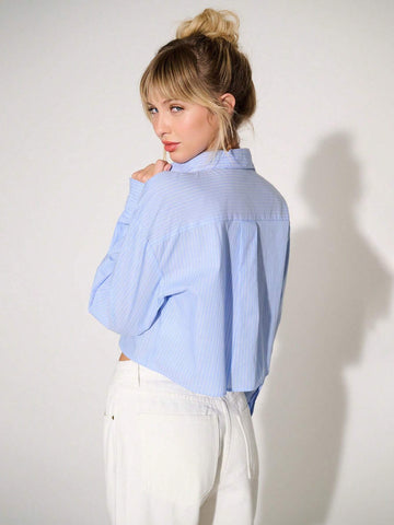 WESTFADE Cropped Striped Shirt With Bow Embroidery