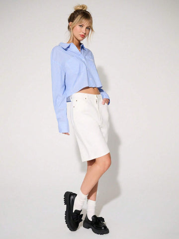 WESTFADE Cropped Striped Shirt With Bow Embroidery