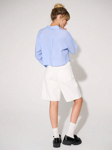 WESTFADE Cropped Striped Shirt With Bow Embroidery