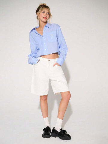 WESTFADE Cropped Striped Shirt With Bow Embroidery