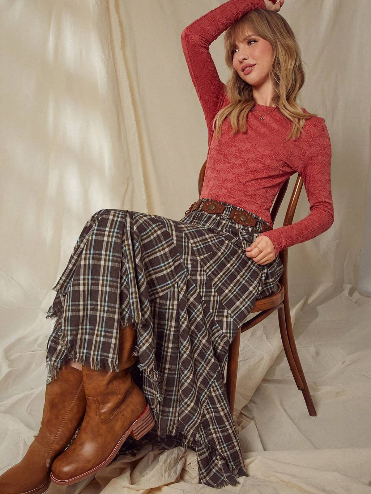 WESTFADE Plaid Ruffle Asymmetrical Raw Edge Maxi Skirt