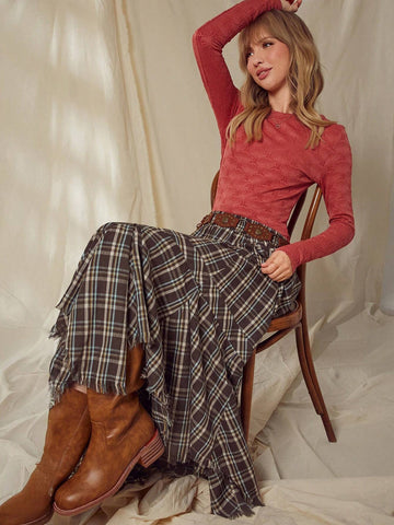 WESTFADE Plaid Ruffle Asymmetrical Raw Edge Maxi Skirt