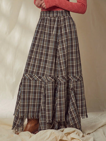 WESTFADE Plaid Ruffle Asymmetrical Raw Edge Maxi Skirt