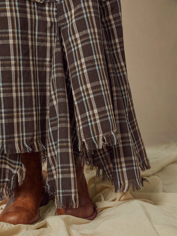 WESTFADE Plaid Ruffle Asymmetrical Raw Edge Maxi Skirt