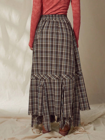 WESTFADE Plaid Ruffle Asymmetrical Raw Edge Maxi Skirt