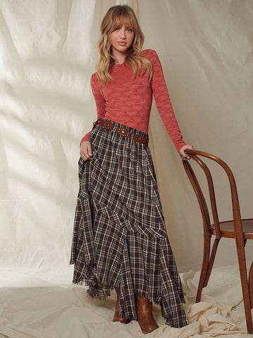 WESTFADE Plaid Ruffle Asymmetrical Raw Edge Maxi Skirt