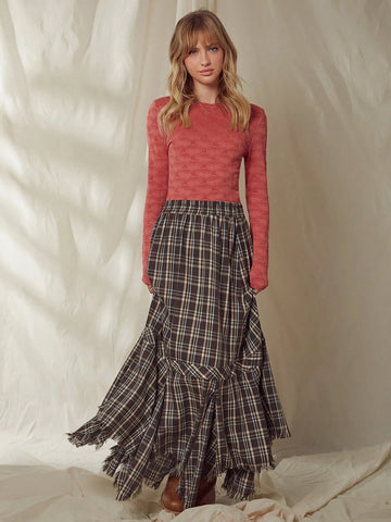 WESTFADE Plaid Ruffle Asymmetrical Raw Edge Maxi Skirt