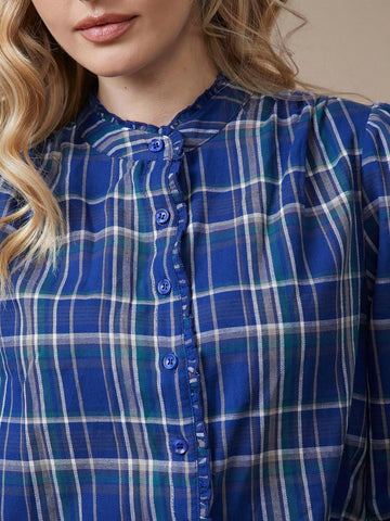 Plaid Ruffle Button Up 100% Cotton Shirt