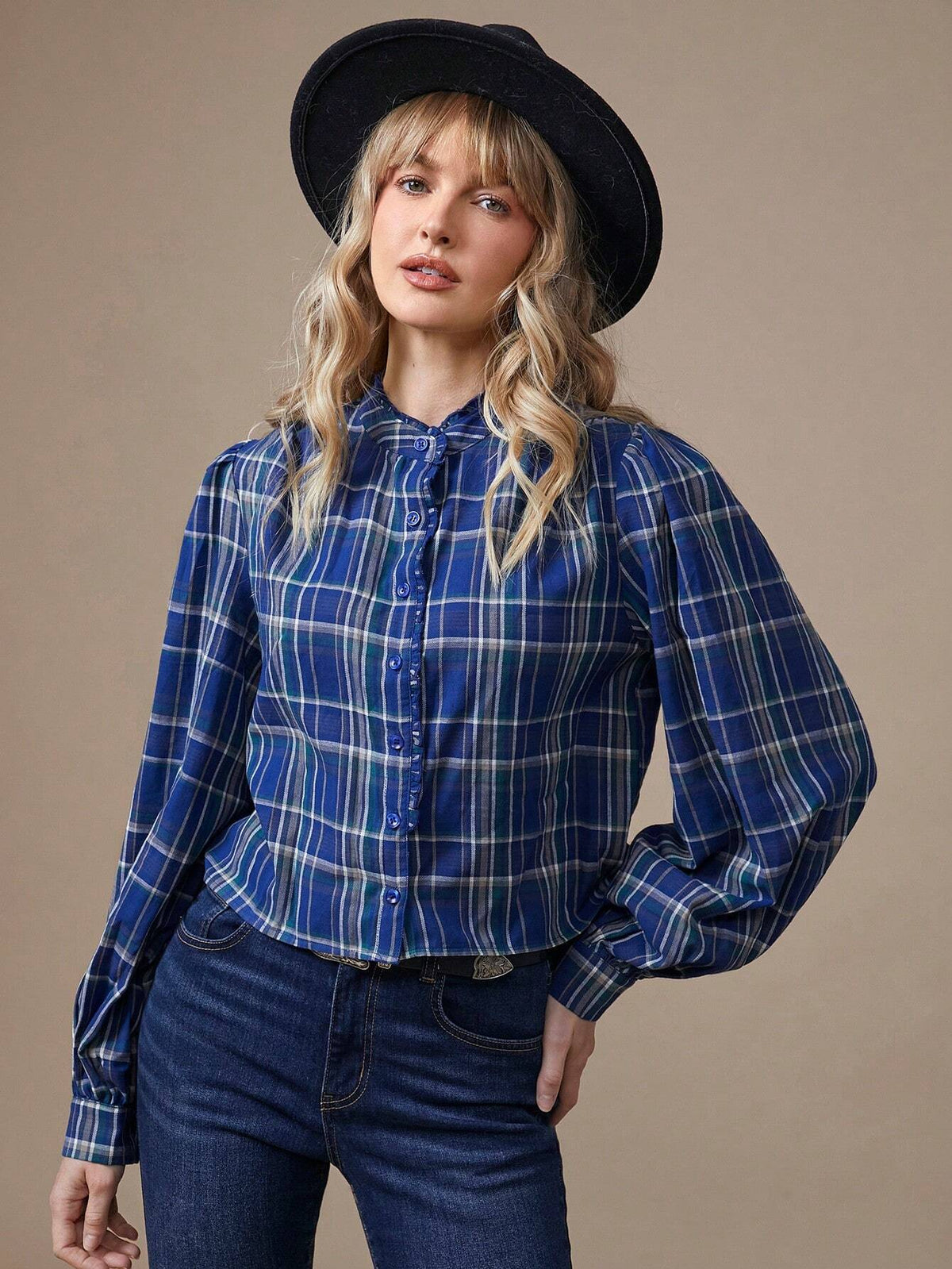 Plaid Ruffle Button Up 100% Cotton Shirt