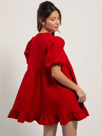 WESTFADE Puff Short Sleeve Babydoll Ruffle Mini Dress