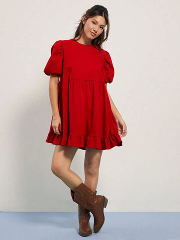 WESTFADE Puff Short Sleeve Babydoll Ruffle Mini Dress