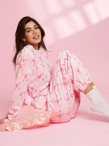 WESTFADE Spring Bow Patterned Fleece Mid Rise Relaxed Jogger Printed Graphic Sweatpants