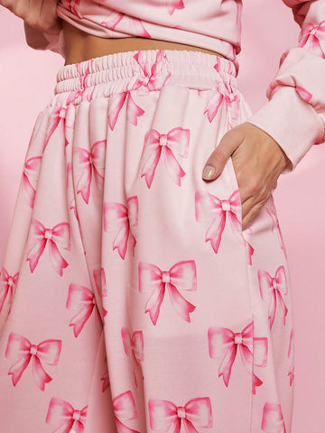 WESTFADE Spring Bow Patterned Fleece Mid Rise Relaxed Jogger Printed Graphic Sweatpants