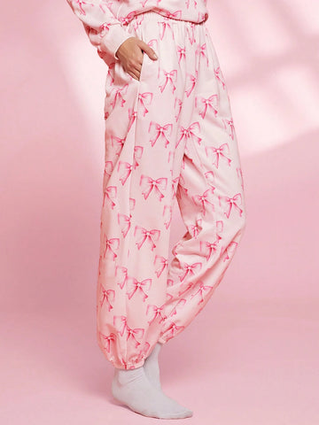 WESTFADE Spring Bow Patterned Fleece Mid Rise Relaxed Jogger Printed Graphic Sweatpants