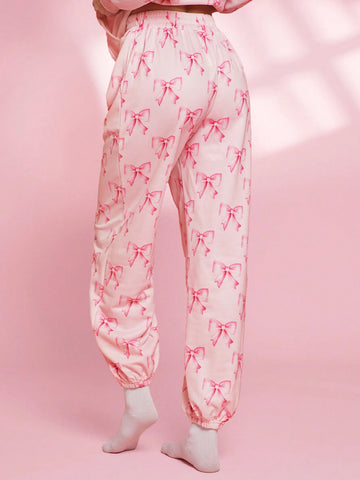 WESTFADE Spring Bow Patterned Fleece Mid Rise Relaxed Jogger Printed Graphic Sweatpants