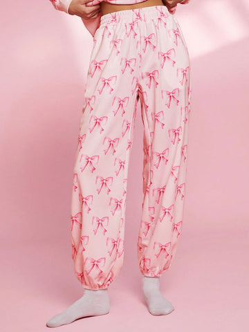 WESTFADE Spring Bow Patterned Fleece Mid Rise Relaxed Jogger Printed Graphic Sweatpants