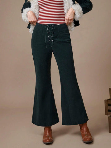 WESTFADE Women High-Rise Corduroy Western Lace-Up Flare Pants