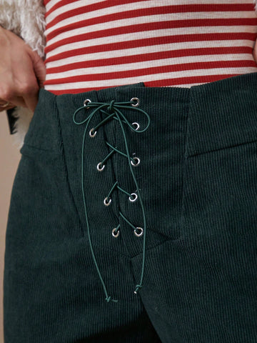 WESTFADE Women High-Rise Corduroy Western Lace-Up Flare Pants