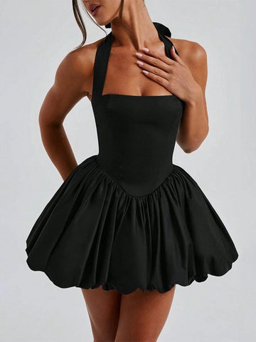 WOWDARK Women's Spring Bubble Hem Halter Neck Dress