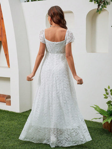 Waist-Cinched Solid Color Lace Square Neck Wedding Dress