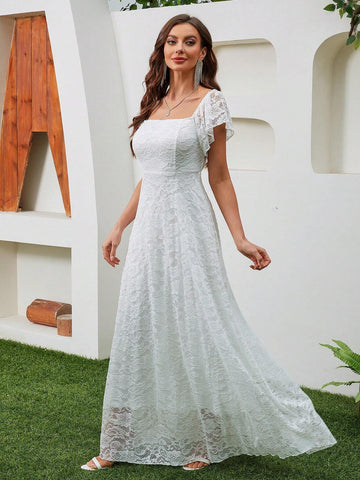 Waist-Cinched Solid Color Lace Square Neck Wedding Dress