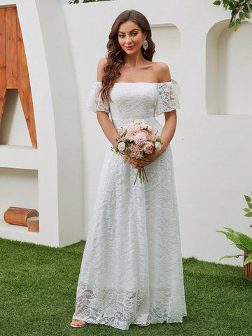 Waist-Cinched Solid Color Lace Square Neck Wedding Dress