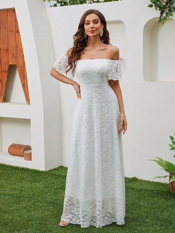 Waist-Cinched Solid Color Lace Square Neck Wedding Dress