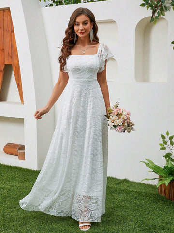 Waist-Cinched Solid Color Lace Square Neck Wedding Dress