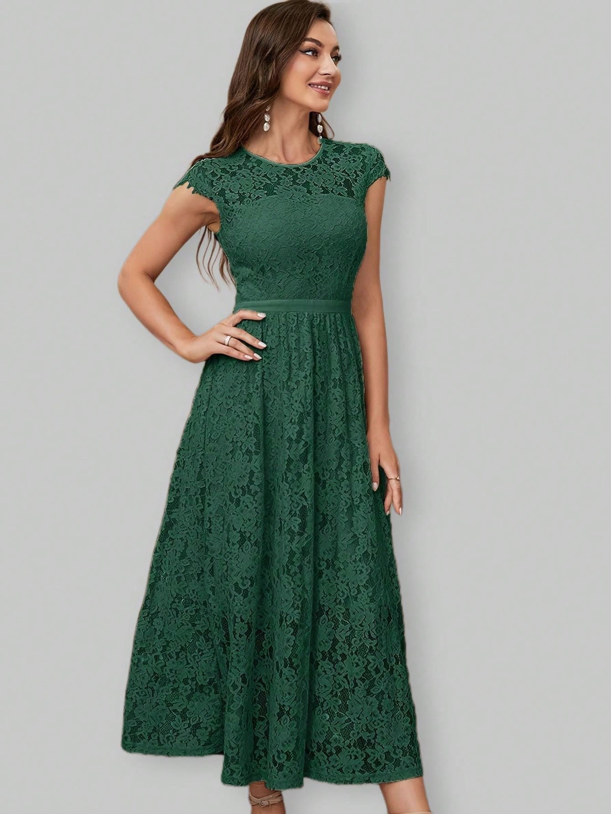 Waist Joint Long Lace Flared Bridesmaid Dress With Elegant Design