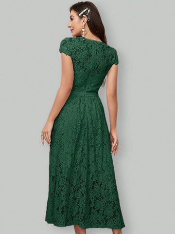 Waist Joint Long Lace Flared Bridesmaid Dress With Elegant Design