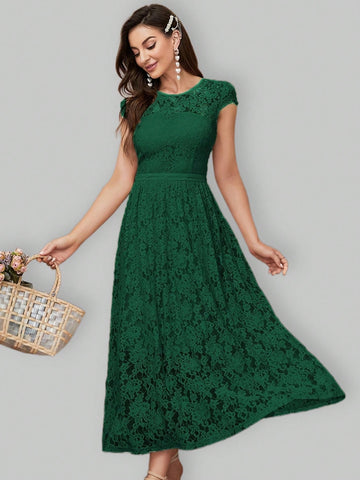 Waist Joint Long Lace Flared Bridesmaid Dress With Elegant Design