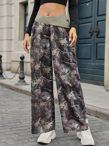 Waist Splicing Contrast Color Print Woven Wide Leg Pants For Women